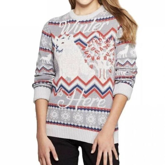 2/$30 Game of Thrones Winter Is Here Fair Isle Wolf Long Sleeve Sweater Top - Picture 1 of 10
